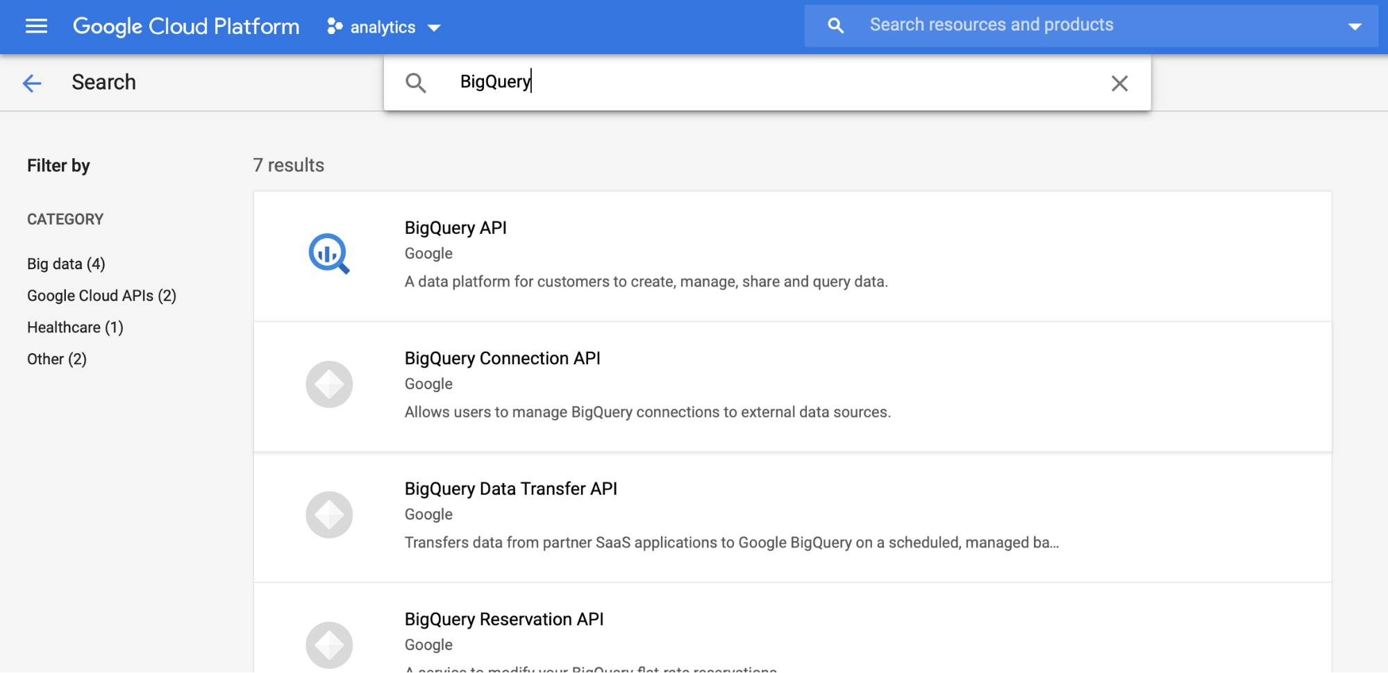 Select BigQuery API