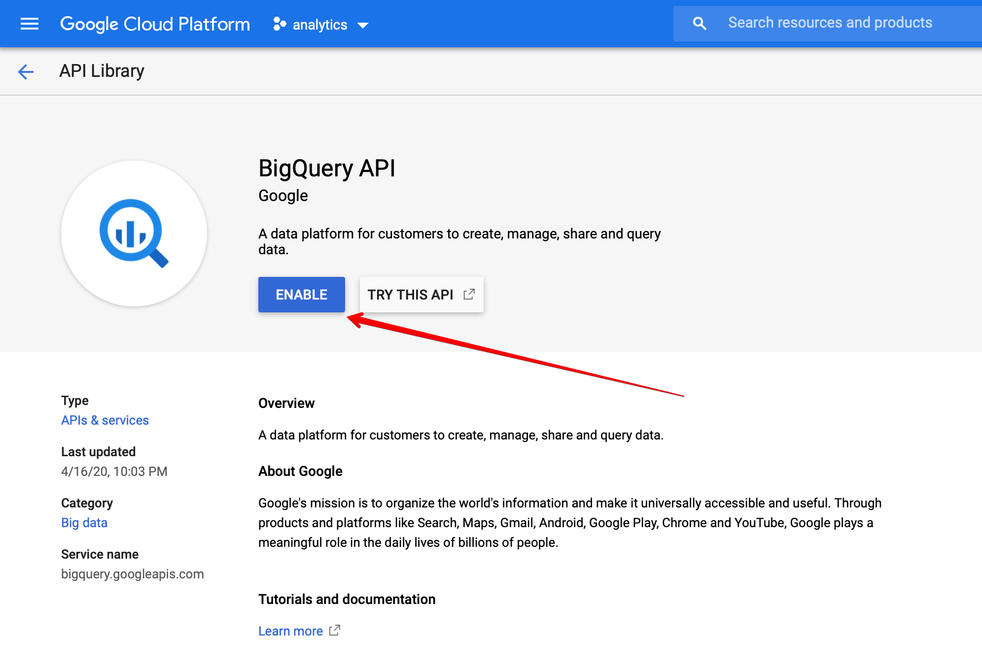 Enable BigQuery API