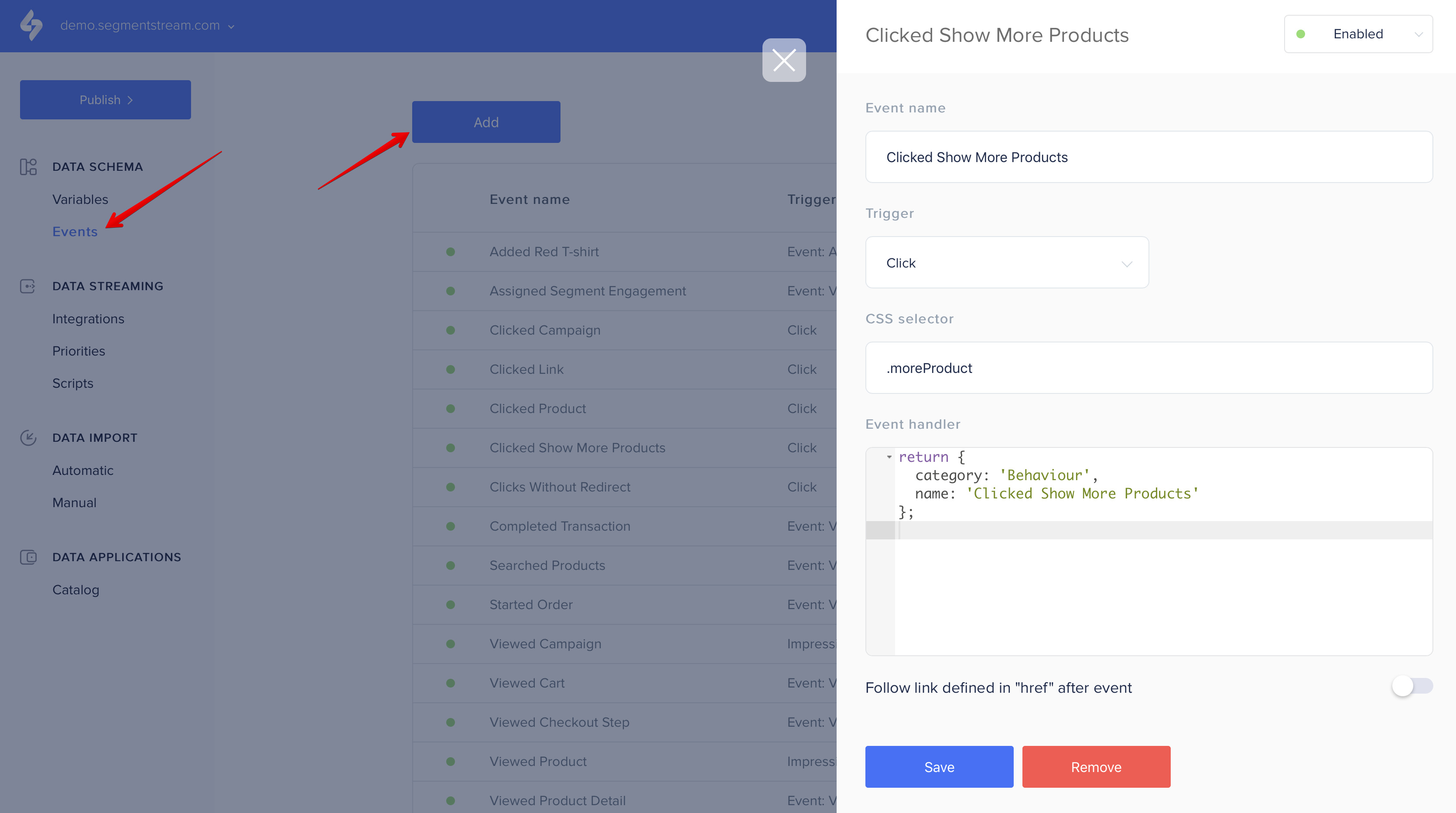 Image shows how to add a new click event in the admin panel