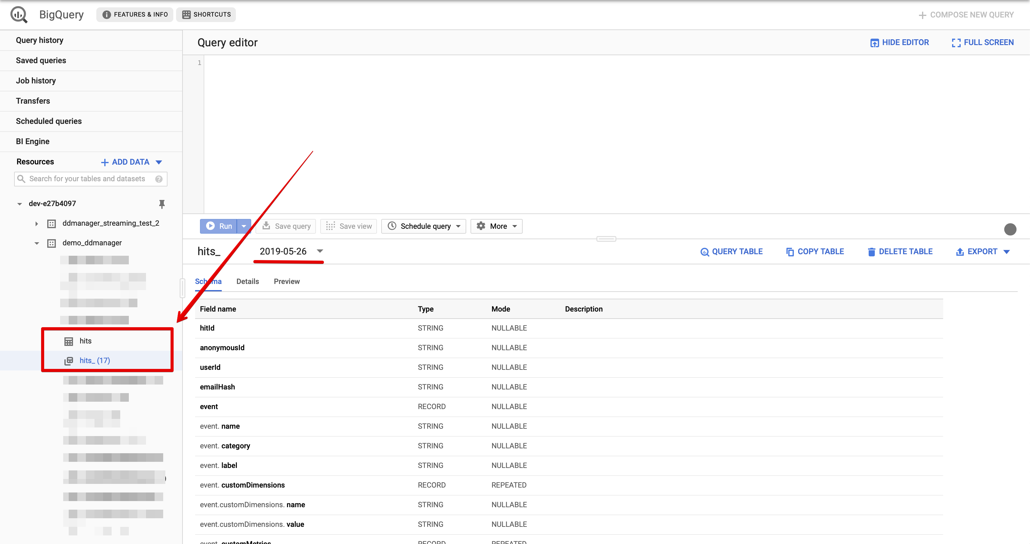 Image shows how hits table is created in Google BigQuery
