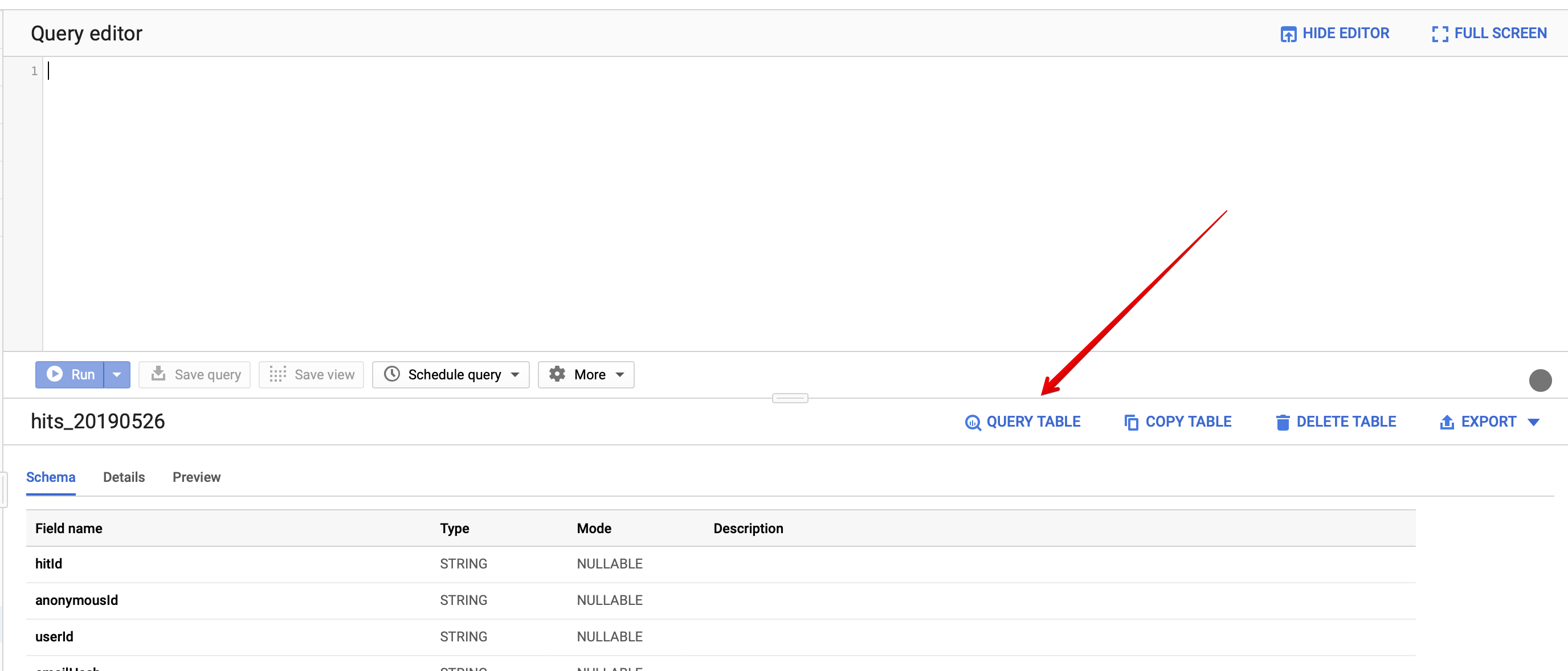Image shows how to query BigQuery table