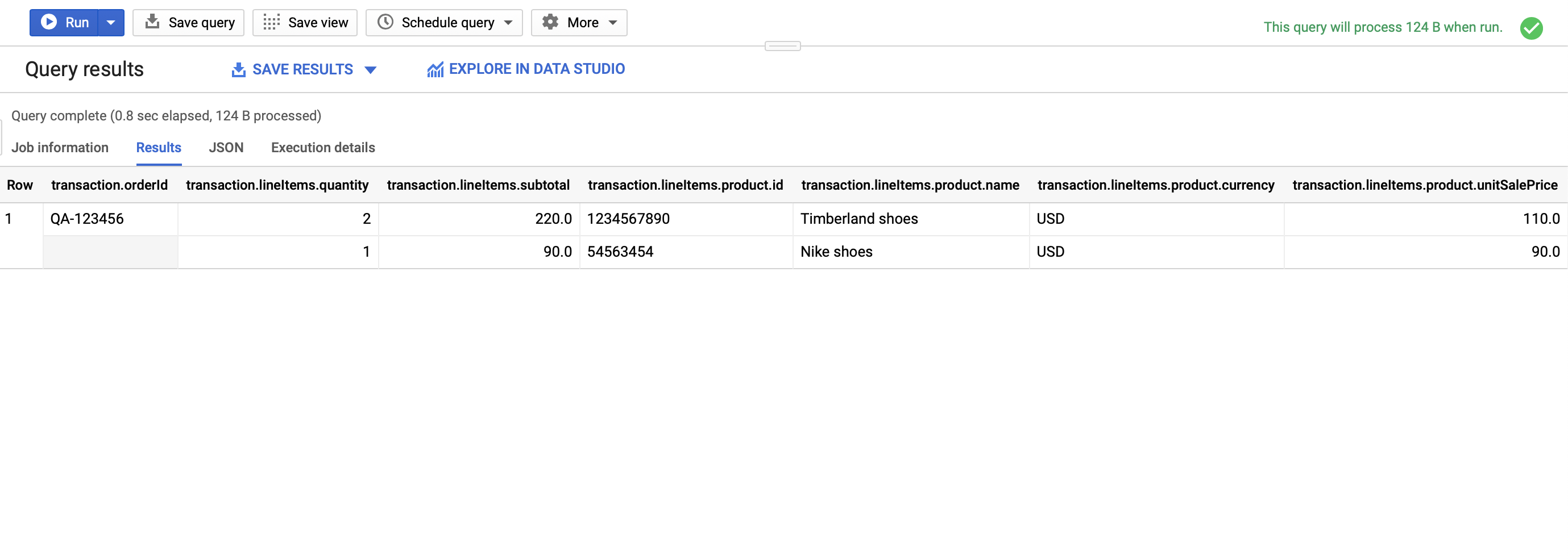 Image shows query results about transactions